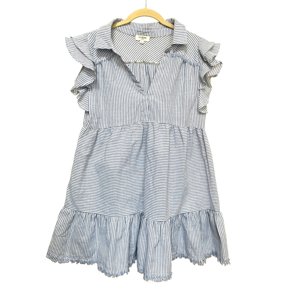 Umgee USA Blue White Striped Ruffle Sleeve Babydoll Dress Large K7955